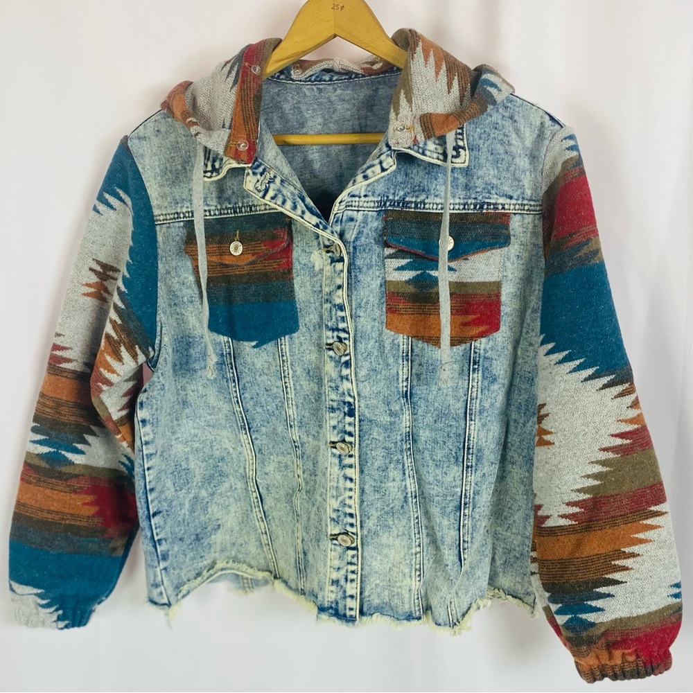 Mixed Media Red and Blue Jean Jacket with Patterned Hood and Sleeves